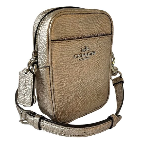 RARE Coach Phoebe Metallic Crossbody Mini Bag Crossgrain Gold Leather # F87692 - Picture 1 of 11